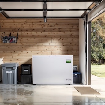 Hamilton Beach 10-cu ft Garage Ready Chest Freezer ( White )- Interior walls get cold quickly, small dents along interior, some scuffing along exterior sides and top, hinge needs fixed. Height (Inches) 37.25 Weight (lbs.) 98 Width (Inches) 46