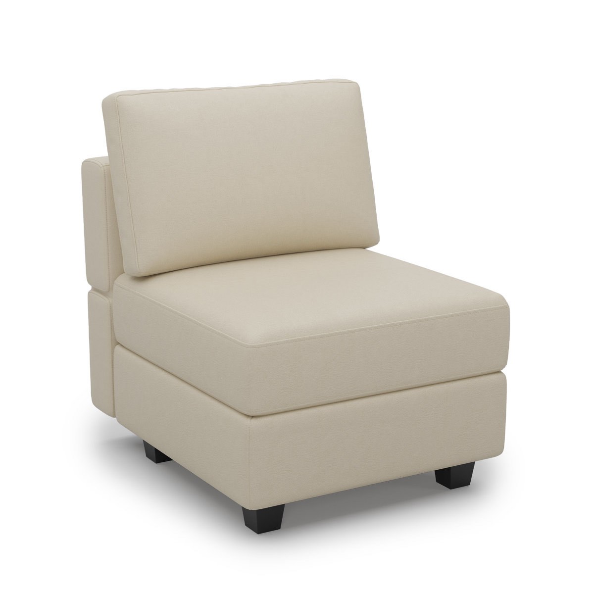 Colusa 26.4 W Three Piece Module Vegan Leather Armless Chair with Storage and Adjustable Back, Two accent pillows included, Good Great condition: small scuffing along top left side and along left corners, One seat damaged/missing back right leg (pictured) slight discoloration on bonus accent pillow (pictured), 33.5'' H X 79.2'' W X 31.9'' D