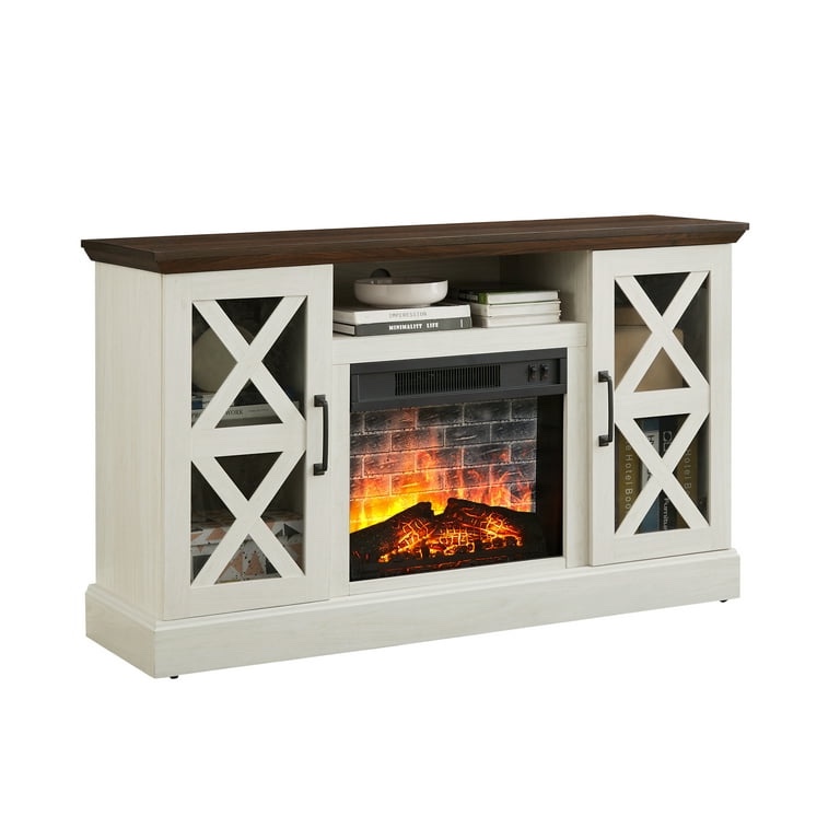 Farmhouse Fireplace TV Stand for TVs up to 55", off White/Walnut, Does not heat, missing faux brick back, finish has minor chips along side-bottom edges (pictured)