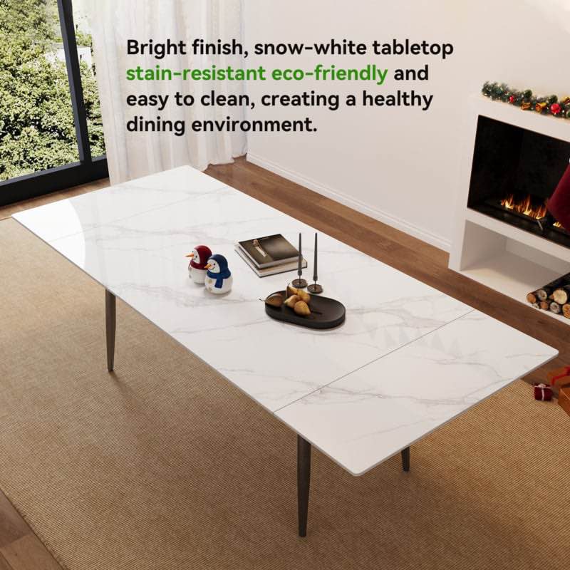 Homeira 62.9" to 94.4" White Sintered Stone Marble Painted Extendable Dining Table Top for 6 to 10 - Table top only, Legs not included. 94.4'' W X 35.4'' D