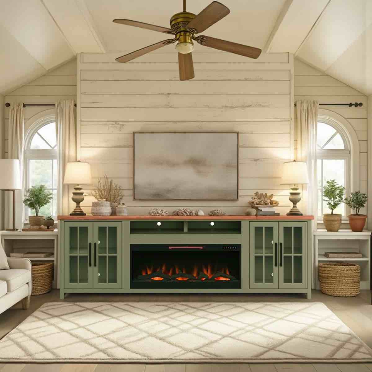 Brixham 97 inch Solid Wood Fireplace TV Stand Console for TVs up to 100 inches, Two-Tone Finish