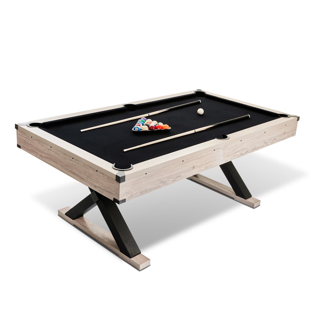 84" Rustic Grey Wooden Pool Table with Black Felt and Metal Cross Leg Frame Includes 2 Cue Sticks, Billiard Balls, & Cue Rack. Cosmetic crack along right side of frame does not effect function, gently used, all accessories included. 84.1'' L X 46.5'' W X 32'' H
