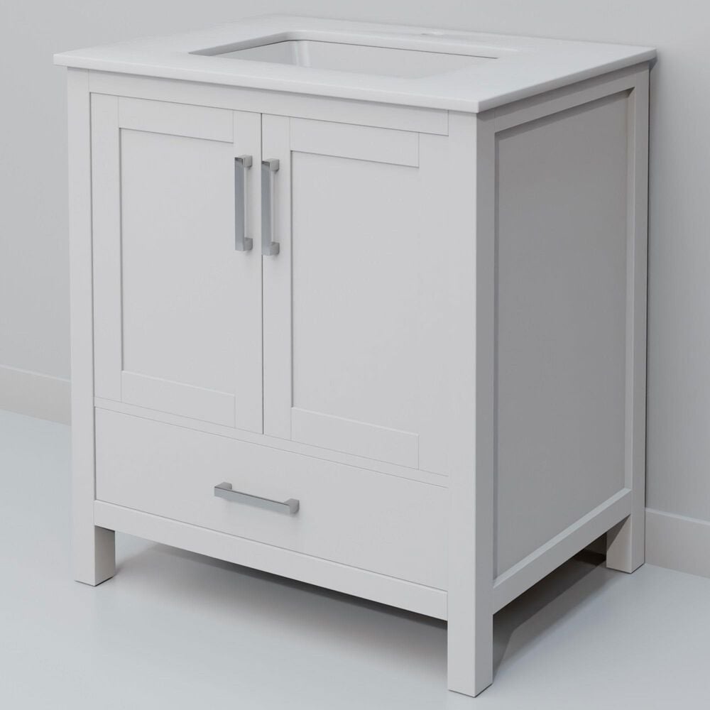 Lexora Home Jacques 30" Single Bathroom Vanity in White with 2 cm White Quartz Top and Rectangular Sink - (Good condition because of small scuff/paint imperfection on left corner of left cabinet door, pictured)