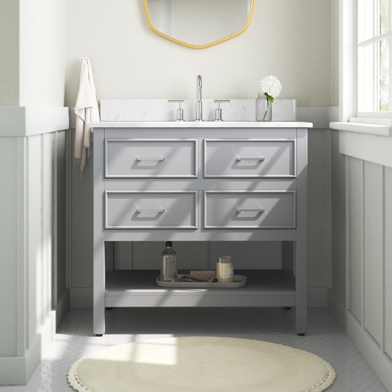 Sinclaire 36'' Single Bathroom Vanity with Engineered Marble Top (Backsplash sold separately) - (Good condition because of approx. 3” scratch on top of vanity, pictured, and a small paint chip on back of cabinet, not visible from front)