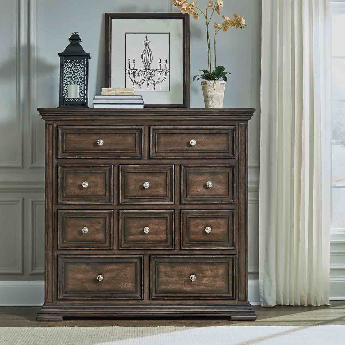Temple Cloud Rustic Birchwood 10 Drawer Dresser w/ Pewter Knobs and Velvet Sunburnt Orange Lined Interior. Minor scratch on back corner, minor paint chip in top drawer line, otherwise brand new. 52'' H X 54'' W X 18'' D