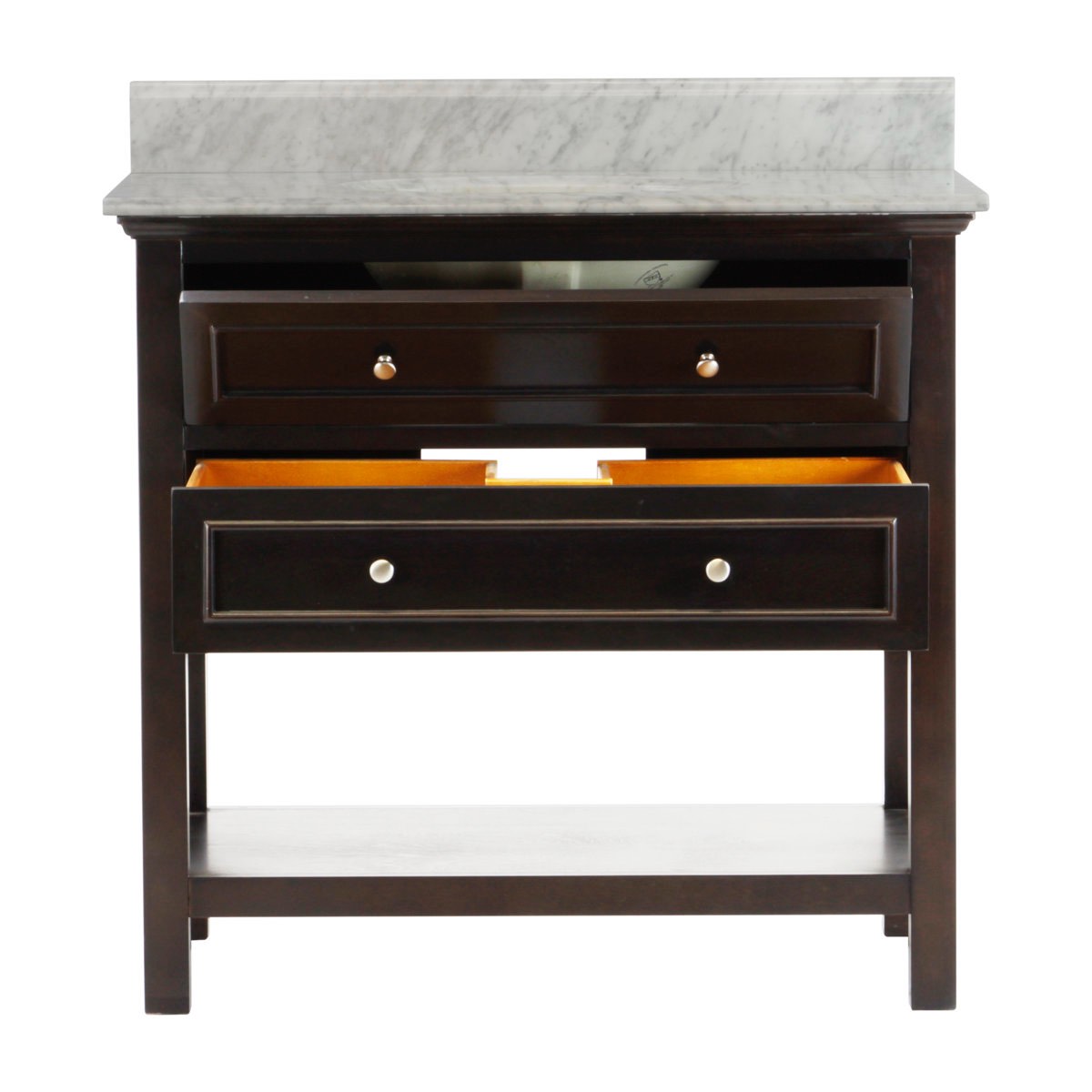 Chatwin 36'' Single Bathroom Vanity with Marble Top, Chip and hairline crack in back left corner of countertop and scratch on drawer’s cosmetic finish (pictured) , countertop needs easy re-caulking , back panel slight warping, 34'' H X 36'' W X 22'' D