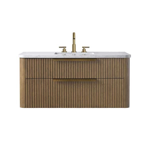 warren 42 in. floating single bathroom sink vanity in aged oak with 2 drawers, gold brushed handles, and stone top in arabescato white. product width (in) 42 product depth (in) 20 product height (in) 20