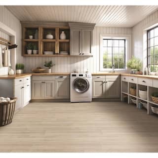 Sand Beige Natural Wood Style Vinyl Sheet Flooring. Will need power washed, minor tears on edge. 12’ x 2’ 