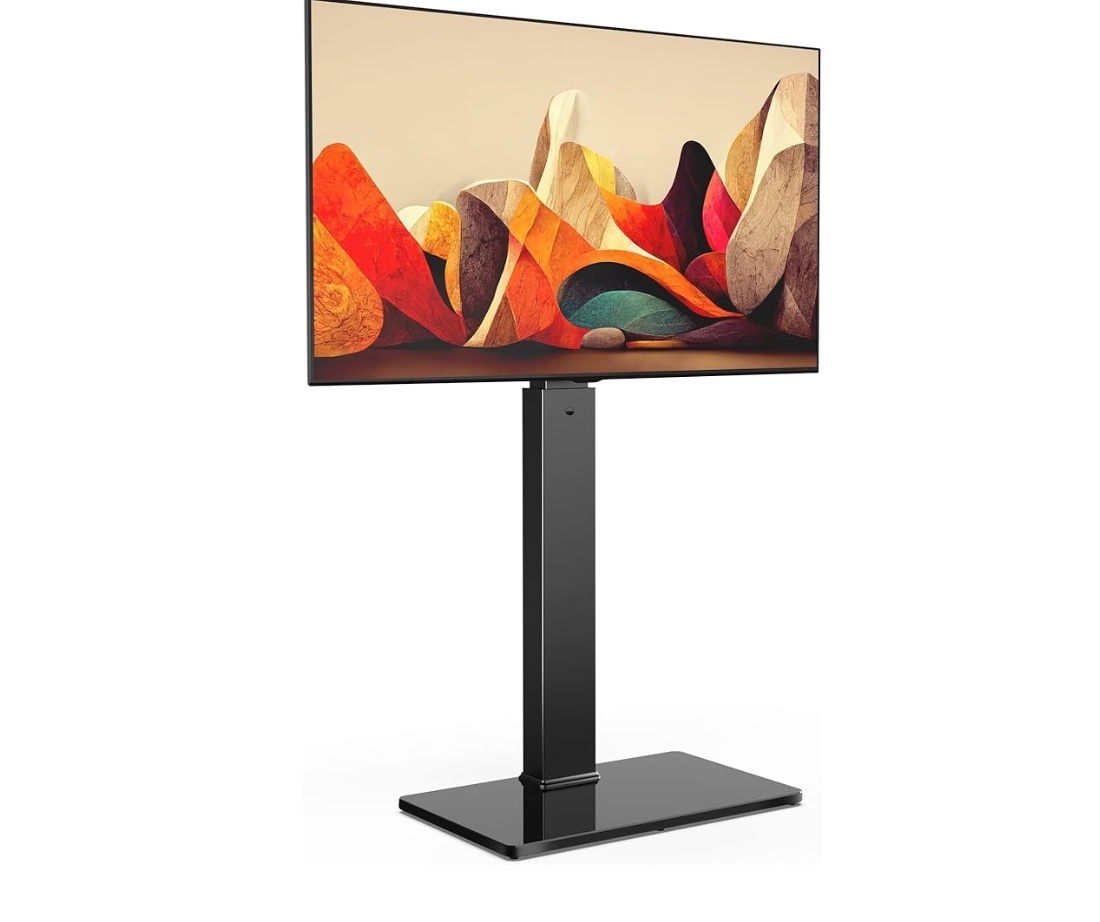 FITUEYES Universal Floor TV Stand Swivel Mount Height Adjustable for 27 32 55 65 70 inch Flat and Curved Screen TVs, Tempered Glass Base Black TV Stands with Cable Management Modern