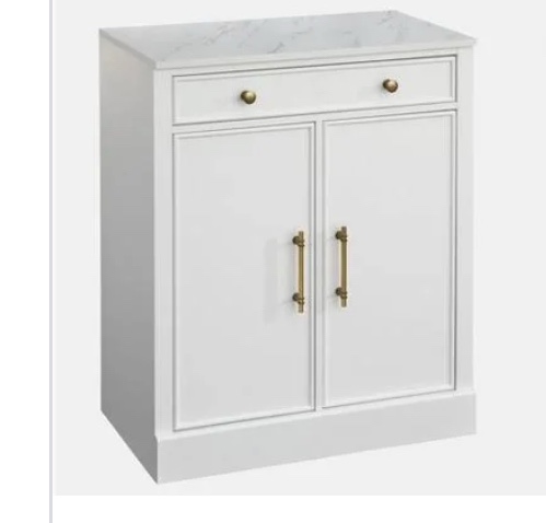 Monza 1 Drawer Cabinet with 2 Doors White - Lifestorey: Faux Marble Top, Brass Tone Handles, Adjustable Shelf