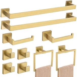 23.6Inch Brushed Gold Towel Bar Set, 10 Pieces Bathroom Accessories Set, SUS304 Stainless Steel Towel Racks Toilet Paper Holder Set for Bathroom Wall Mounted