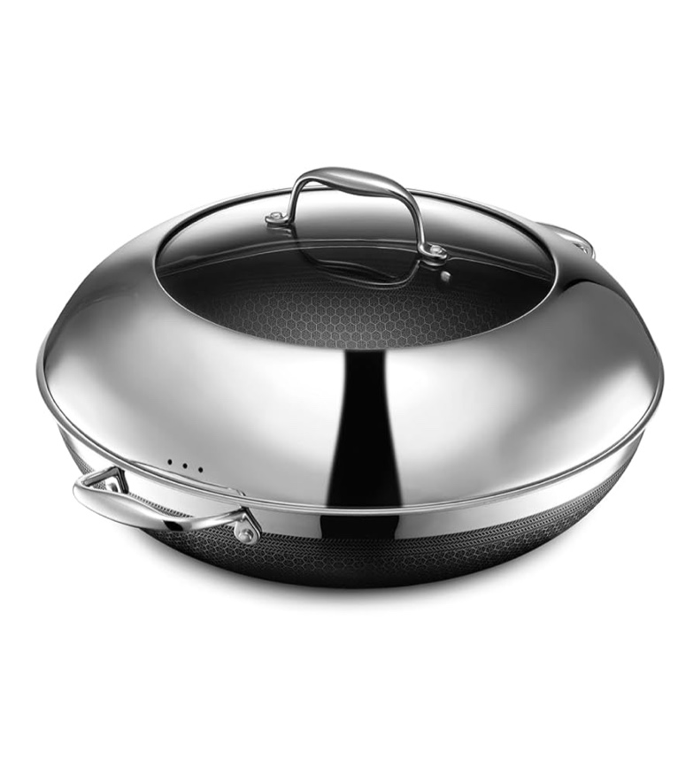 HexClad Hybrid Nonstick 14-Wok with Tempered Glass Lid, Dishwasher and Oven Safe, Induction Ready, Compatible with All Cooktops