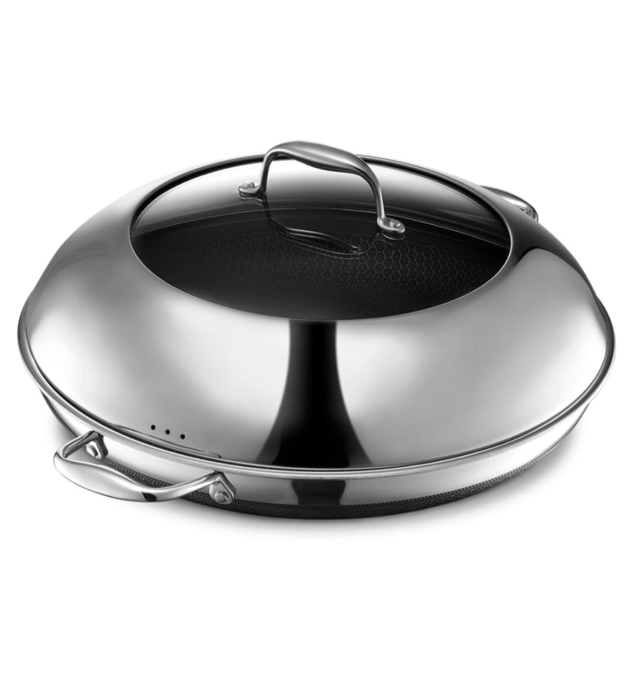 HexClad Hybrid Nonstick 14-Inch Frying Pan with Steel Lid, Dishwasher and Oven Safe, Induction Ready, Compatible with All Cooktops