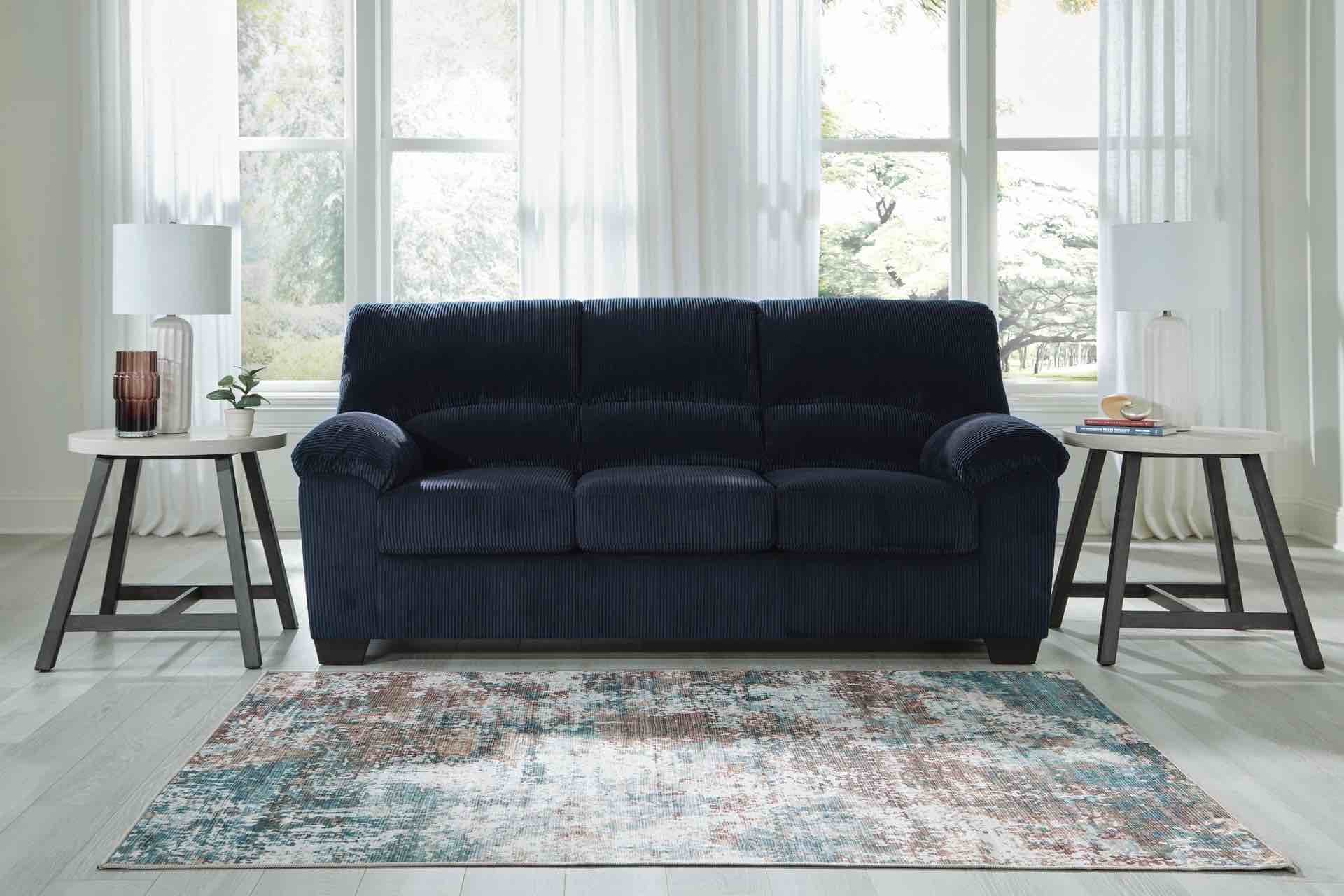 SimpleJoy Sofa In A Navy Corduroy With Faux Wood Finished Legs And A Corner Blocked Frame, Overall Dimensions 83 W x 40 H x 38 D