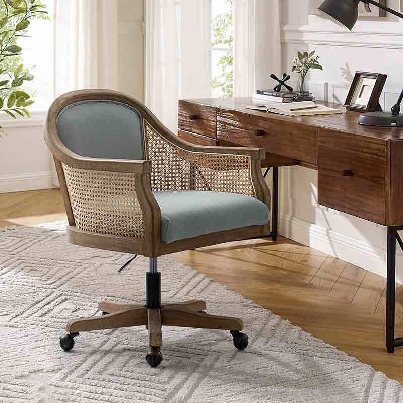 Audrey Task Blue Accent Chair with Rattan Arms, Solid Wood Legs And Metal Frame, 360 Degree Swivel Base, Adjustable Height, Smooth And Durable Casters, Overall Dimensions 23.5 W x 23.5 D x 30.75 -34.75 H