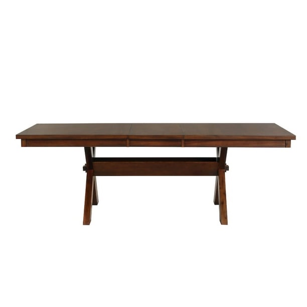Karven Trestle Extendable Dining Table In Dark Hazelnut, 18” Extension Leaf, Overall Dimensions 42"L x 72-90"W x 30"H, leaf: 18"W x 42"L, Table Top In Beautiful Condition, Table Base Has A Few Blemishes and Chips On Corners/Edges (Pictured) 2 Boxes Total