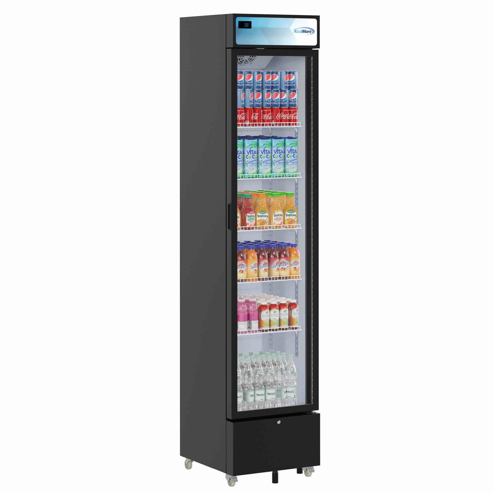 17 in. slim commercial merchandiser refrigerator, 7 cu. ft. in black, precise temp control with led monitoring, double paned glass door, bright led interior, flexible mobility with caster and adjustable feet, small indents on bottom right side of cooler(pictured), item is brand new other than the notated indents