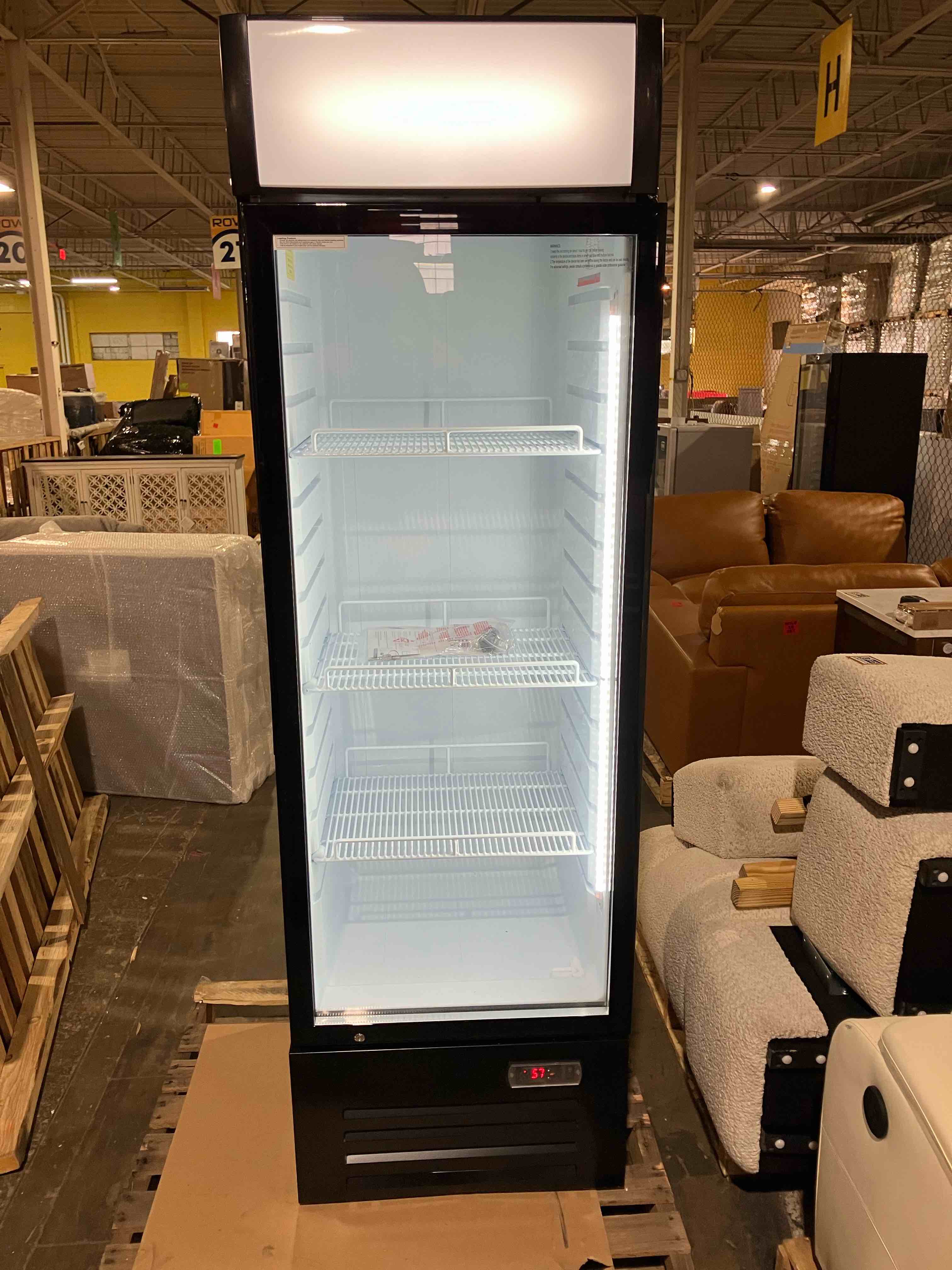 Condition photo showing New/Like New for commercial refrigerator beverage cooler, 12.5 cu.ft display refrigerator with glass door, drink fridge with led light, 4 adjustable shelves, merchandiser refrigerator for beer, bar, shop 12.5 cu ft - (item is new/like new, but it is noted that there are some dents on the sides of the fridge, pictured)
