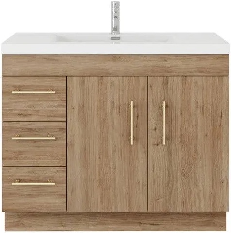 Elsa 42” Freestanding Vanity with 3 Left Side Drawers, Right Side Single Shelf Cabinet, and Satin Gold Handles. vanity only, sink top sold separately. 41.75 W x 35.44 H x 19.69D