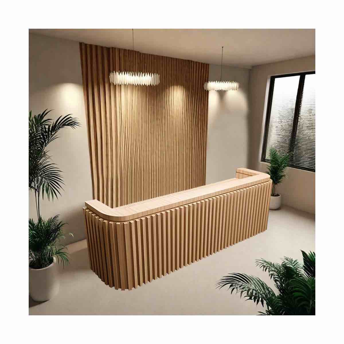 Pozzi Natural Wooden Line Carved Vintage Reception Desk with Multi Storage Compartments, Keys Included. Small scratch marks on front and top of desk, cosmetic chip on left side otherwise pristine condition, is considered brand new. 39.37" H x 70.86" W x 23.62" D
