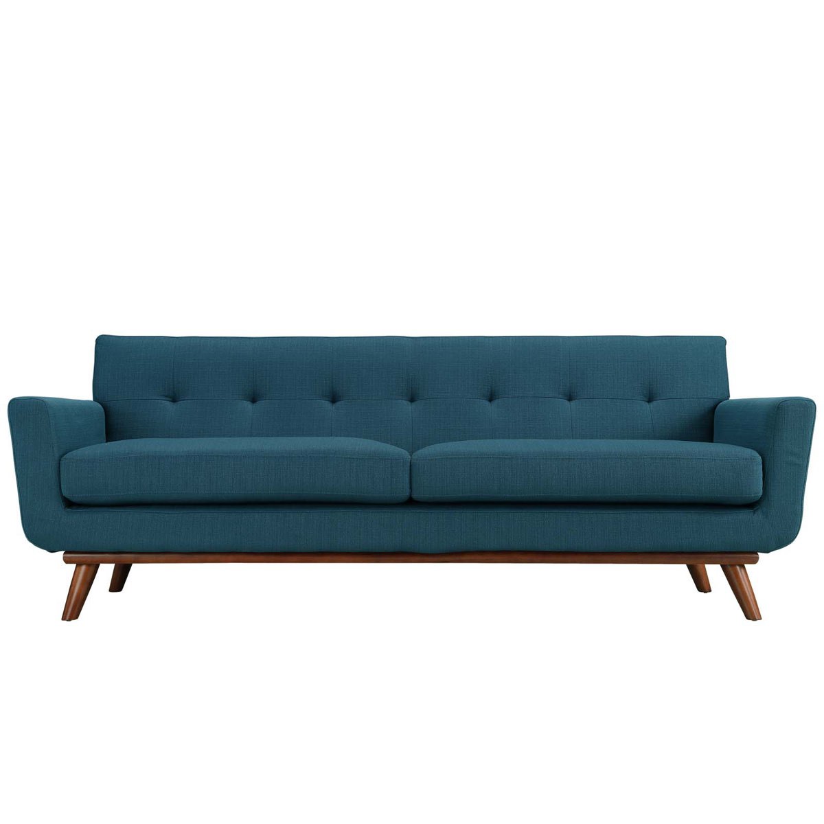 Modway Engage Blue 2 Seater Upholstered Fabric Sofa with Tufted Backing and Walnut Wooden Legs and Trim. Minor chipping along legs, otherwise beautiful condition. 64” W x 29” D x 32” H