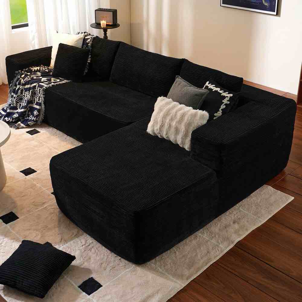 HOMLUX 106” 2 Piece Black Corduroy Cloud Sectional Sofa with Left L-Shape Chaise, 106” W x 66” D x 26” H
