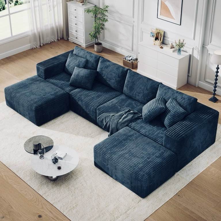 6 Piece Hale Navy Plush Corduroy Cloud Modular Sofa. 142” L x 70” D x 25” H 