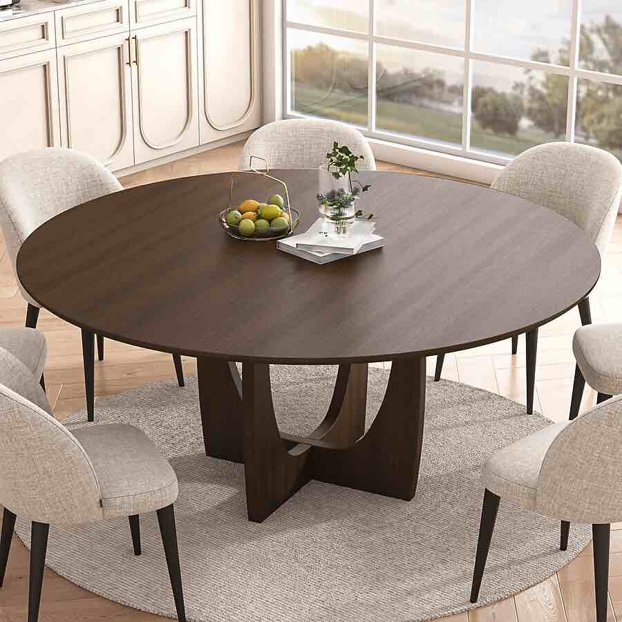 Misty Moon 59 Inch Round Walnut Dining Table with Curved Wooden Base. 59-in L x 43.13-in H