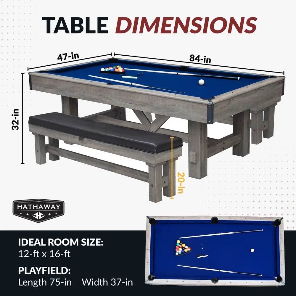 Condition photo showing Good Condition for hathaway newport rustic gray  7 foot dining pool table combo with game accessories, and 2 benches. blue felt, chrome accents. right right corner has some damage. veneer needs resealed, small metal piece in corner needs fixed, otherwise brand new. 84 in l x 47 in w x 32 in h