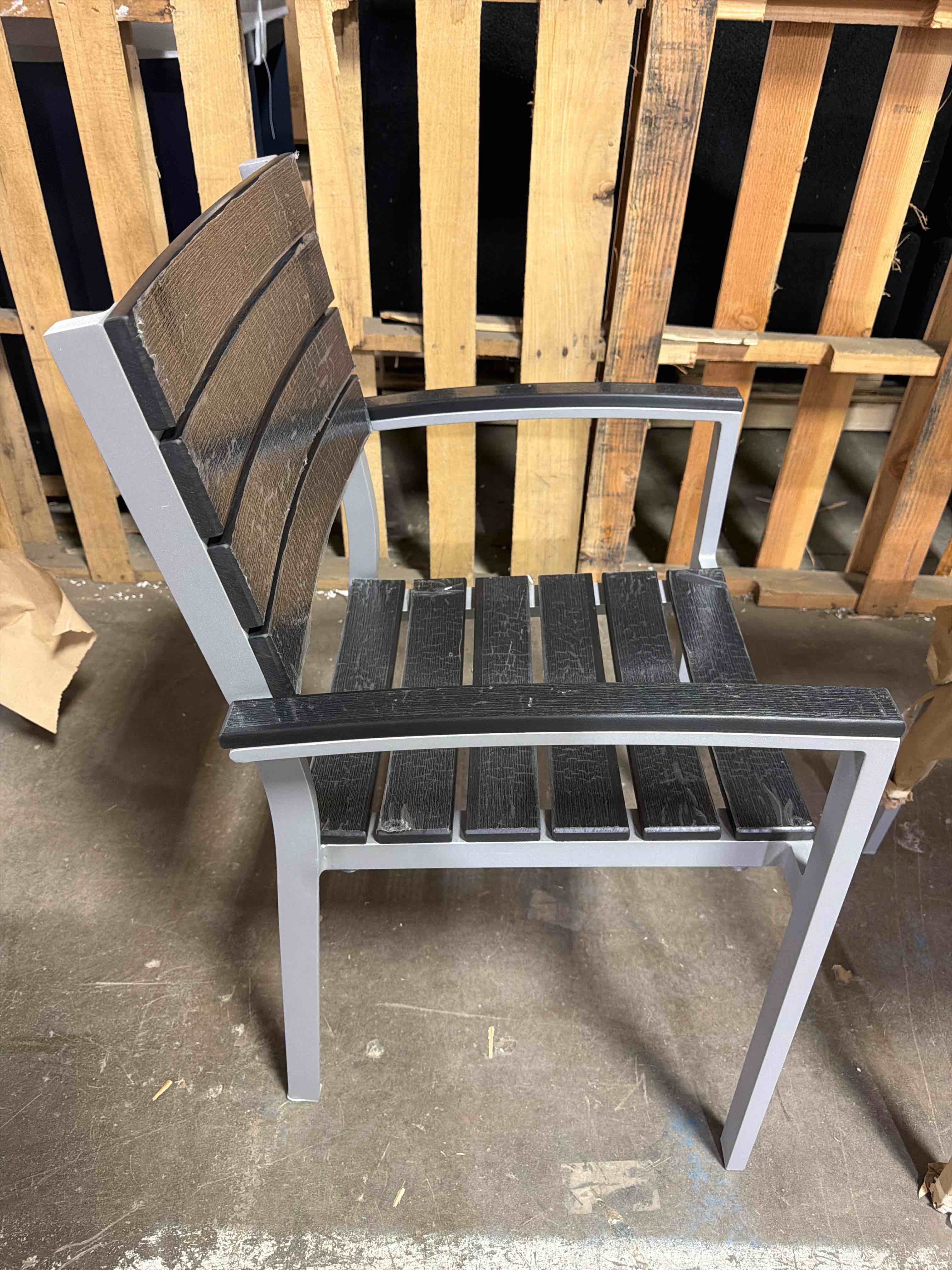 Condition photo showing New/Like New for set of 2 black vienna outdoor aluminum dining arm chairs, dimensions 22”w x 22”d x 35”h