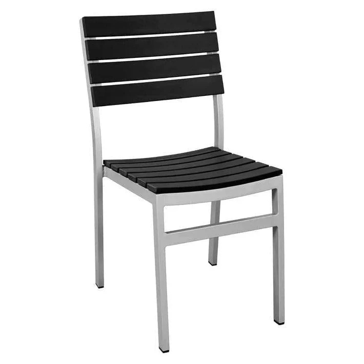 set of 2 black vienna outdoor aluminum dining side chairs, dimensions 18”w x 22”d x 35”h, front legs on 1 chair has some cracking and the legs are bent slightly inward(pictured)