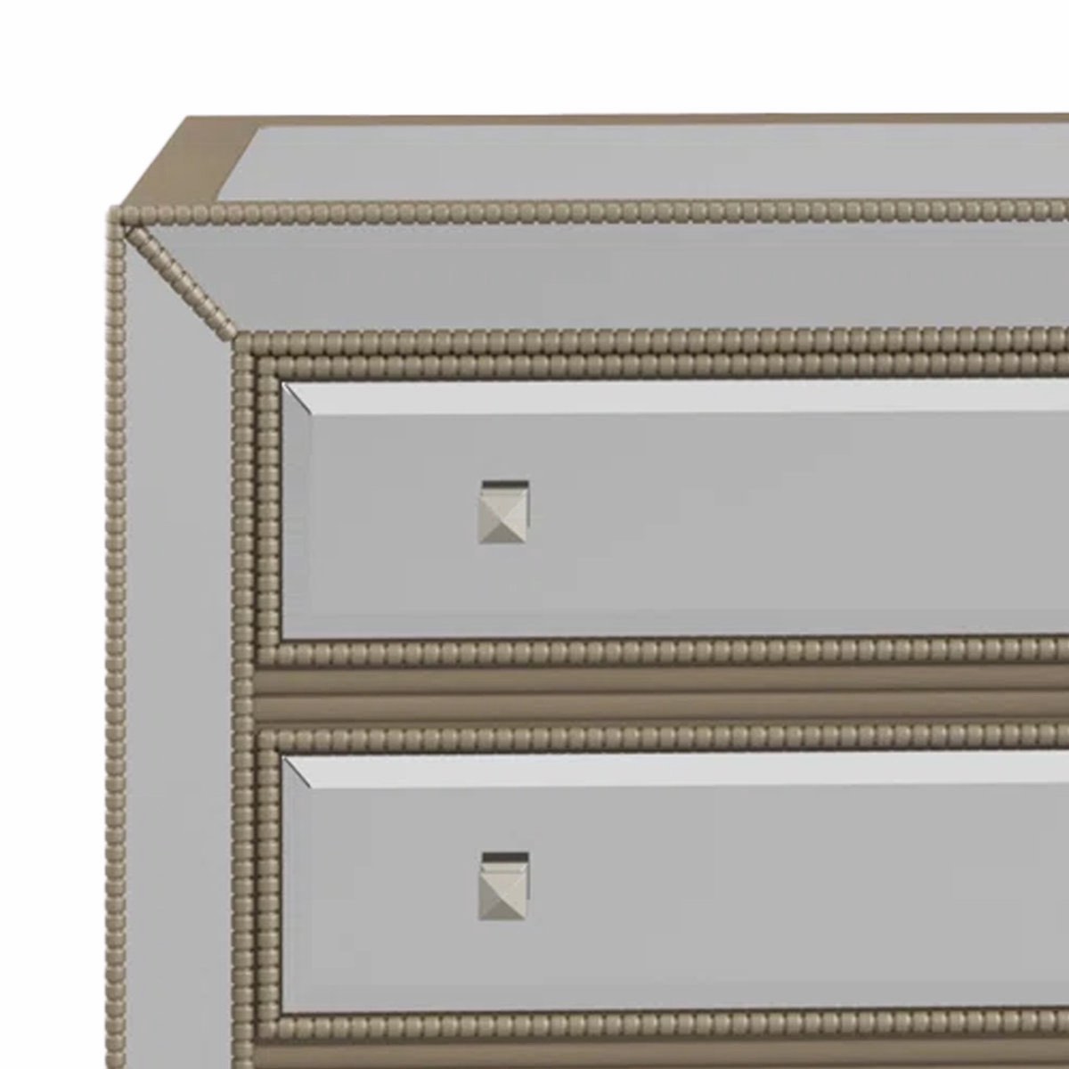 Condition photo showing New/Like New for 3 drawer mirrored chest in champagne with gold-toned beaded trim, square silver toned steel knobs, overall dimensions 30'' h x 32'' w x 16'' d