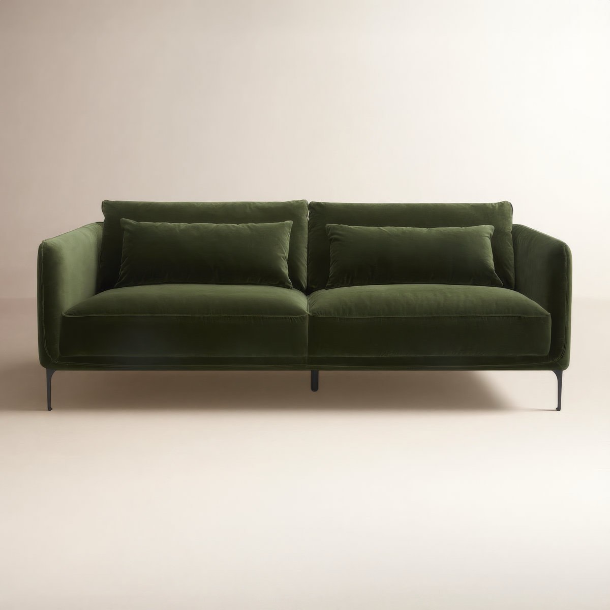 Condition photo showing Good Condition for rae 84'' green velvet upholstered sofa with black metal legs, accent pillows included. right front leg and both left legs need replaced, can be purchased through multiple retailers between $20-80. 32.28'' h x 78.74'' w x 35.43'' d