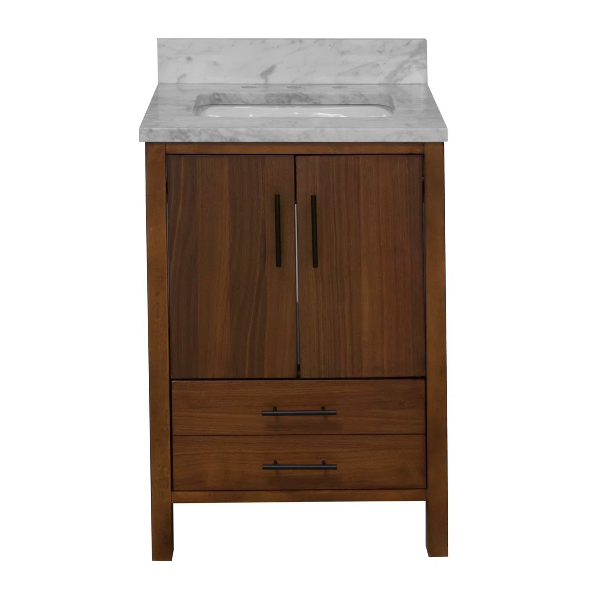 Kiara 24'' Walnut Wood Single Bathroom Sink Vanity with Single Shelf Cabinet, 1 Base Drawer, Matte Black Metal Handles, and Carrara Marble Sink Top