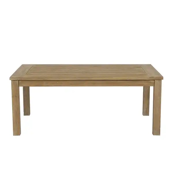 Sunset West Coastal Teak Rectangular Coffee Table. Left Corner has some damage, legs need restabilized or replaced. With repair can be a good outdoor picnic table. W 50" x D 28" x H 18"