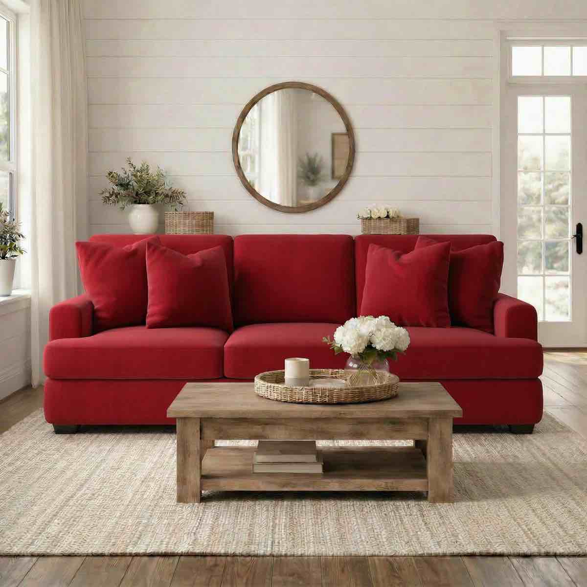 Emilio 90'' Red Linen Upholstered 3 Seat Sofa with Espresso Feet. Two Small tears along back, some spots along sides need professionally cleaned, otherwise beautiful condition. Accent pillows included. 30'' H X 90'' W X 41'' D