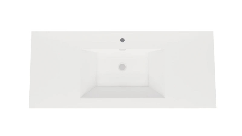 Noble White Acrylic Single Center Drain Sink Top with Chrome Cover. Several hairline cracks along top, can be sealed. 60” L x 4” Thick x 20” W