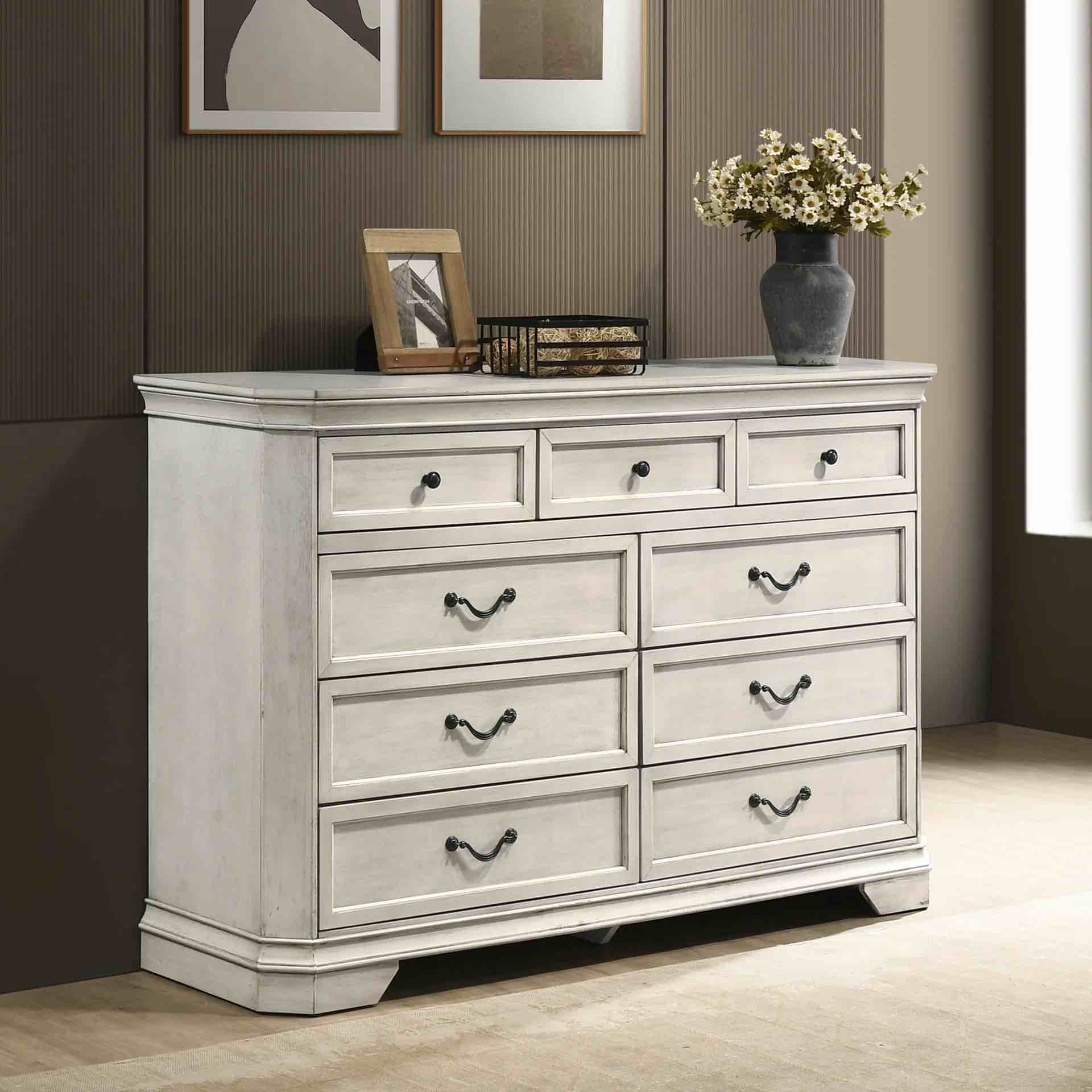 Roundhill Furniture Maderne Antique White Traditional Wood 9-Drawer Dresser and Chest Set with Iron Handles and Knobs. Dresser Size: 59.5"W x 16.8"D x 39"H. Chest Size: 37.4"W x 16.8"D x 48.7"H