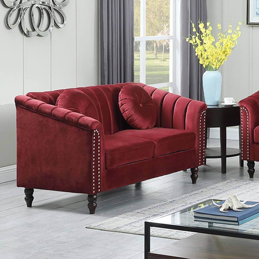 Round Arm Red Velvet 2 Seat Loveseat with Accent Pillows, Silver Button Trim, and Carved Wooden Legs in Espresso. 60"W x 301"D x 31"H