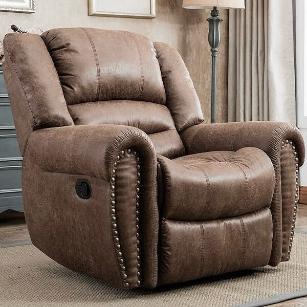 Classic Hazelnut Brown Vegan Leather Manual Recliner Chair with Gold Button Trim