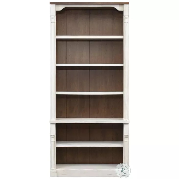 Condition photo showing New/Like New for durham 94? tall weathered white chalk open bookcase, 4 adjustable shelves & 1 fixed shelf, cherry finished top, overall dimensions 42"w x 16"d x 94"h