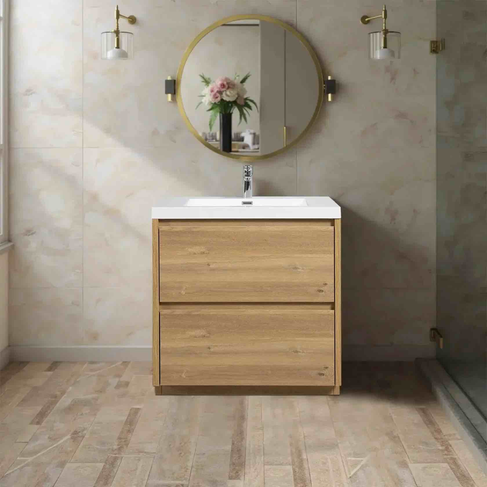 Condition photo showing New/Like New for angela-t 36'' single sink bathroom vanity in natural oak, soft close drawers, u-shaped drainage, invisible handle 45 degree oblique cut design, overall dimensions 36”w x 20”d x 33”h, vanity only, marble top not included