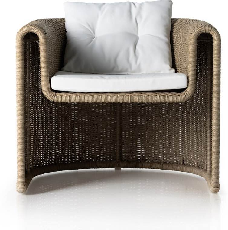 Condition photo showing New/Like New for grass roots tucson woven outdoor chair in beige, overall dimensions 32 w x 32 d x 32 h, cushions are sold separately