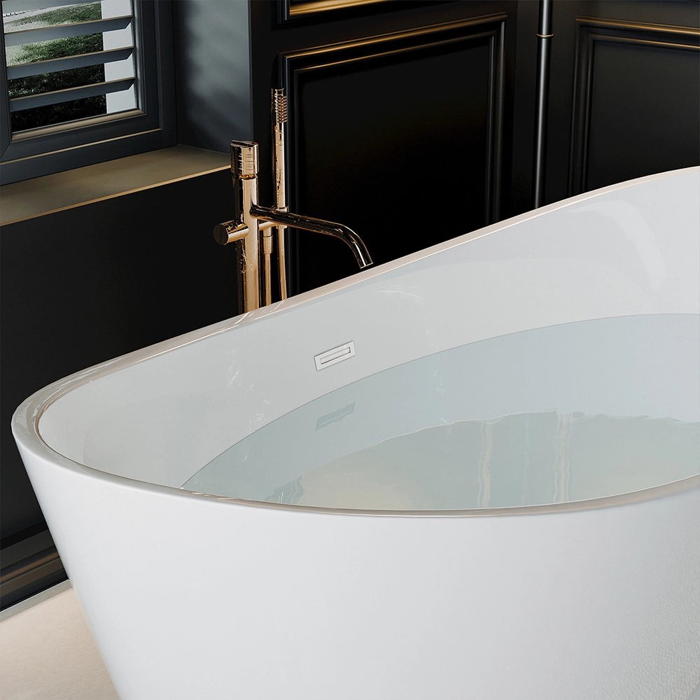 Condition photo showing Good Condition for 67 in. luxury freestanding bathtub stand alone flatbottom acrylic soaking spa tub with brushed nickel hardware (tub has cracks in acrylic which can be sealed, pictured) 66.92" l x 31.49" w x 26.77" h