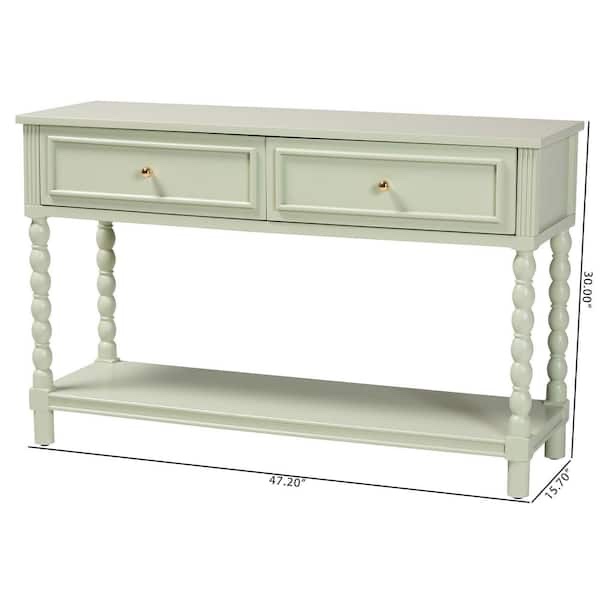 Condition photo showing As Is for karnia 47.2 in. mint green rectangle wood console table, buy and repair: table has small chip on top corner, loose joints need reinforced (glued/screwed), back panel needs reattached 47.2” x 15.7” x 30”