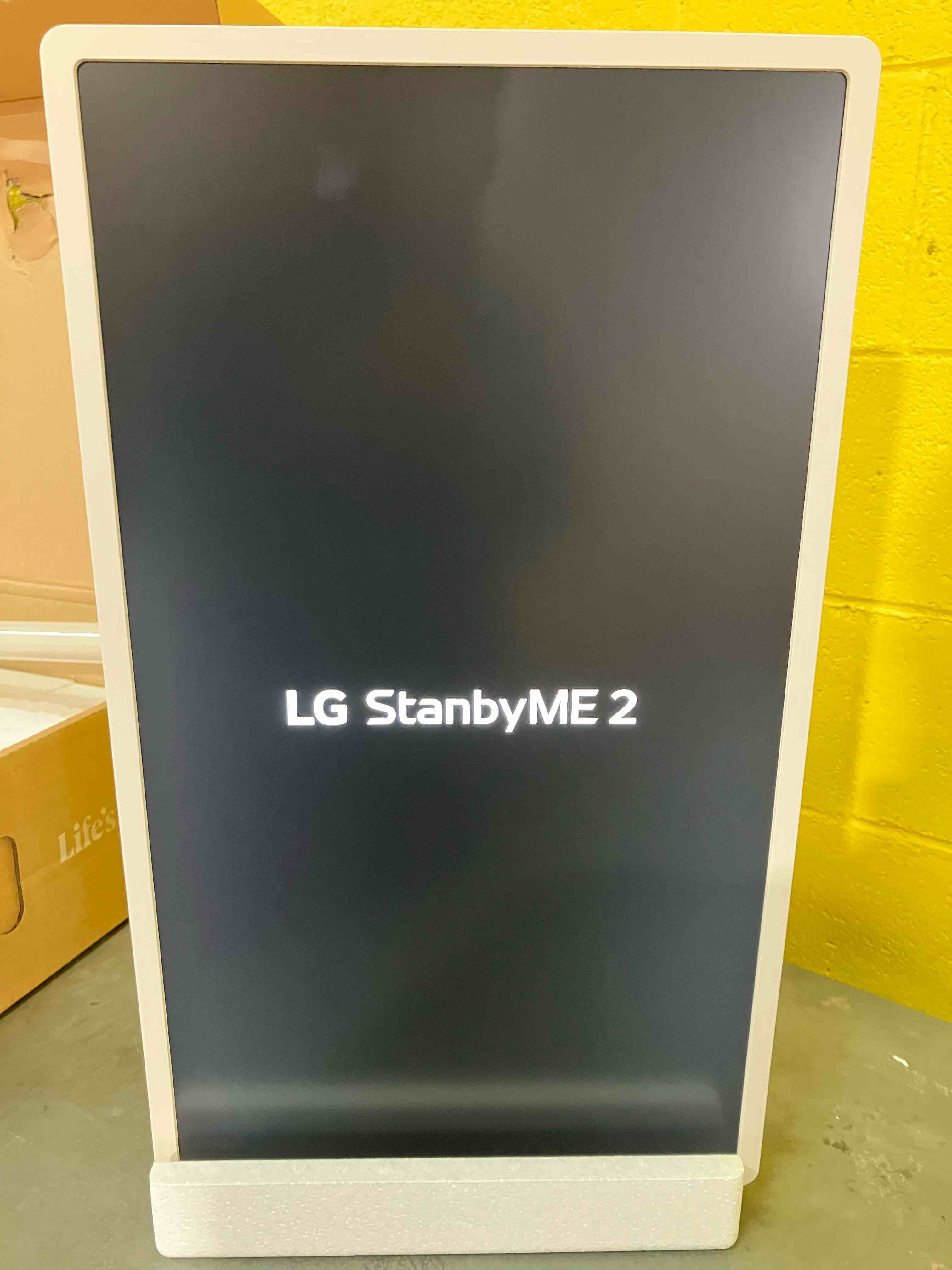 Condition photo showing New/Like New for lg 27-inch stanbyme 2 with folio cover, portable touch screen, dolby vision, hdr10, filmmaker mode, built-in battery, full swivel rotation (27lx6tyga) - item is in office