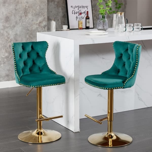 velvet swivel bar stools set of 2, adjustable height bar stools, upholstered dining chairs with tufted back & footrest - green 18 x 18.10 x 45.60