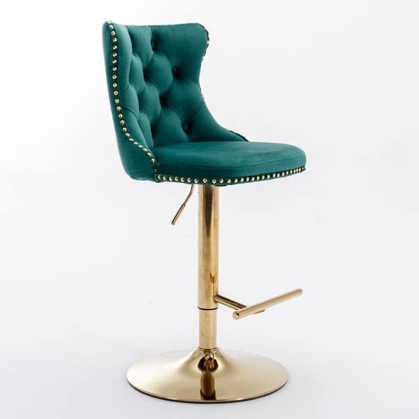 Condition photo showing New/Like New for velvet swivel bar stools set of 2, adjustable height bar stools, upholstered dining chairs with tufted back & footrest - green 18 x 18.10 x 45.60
