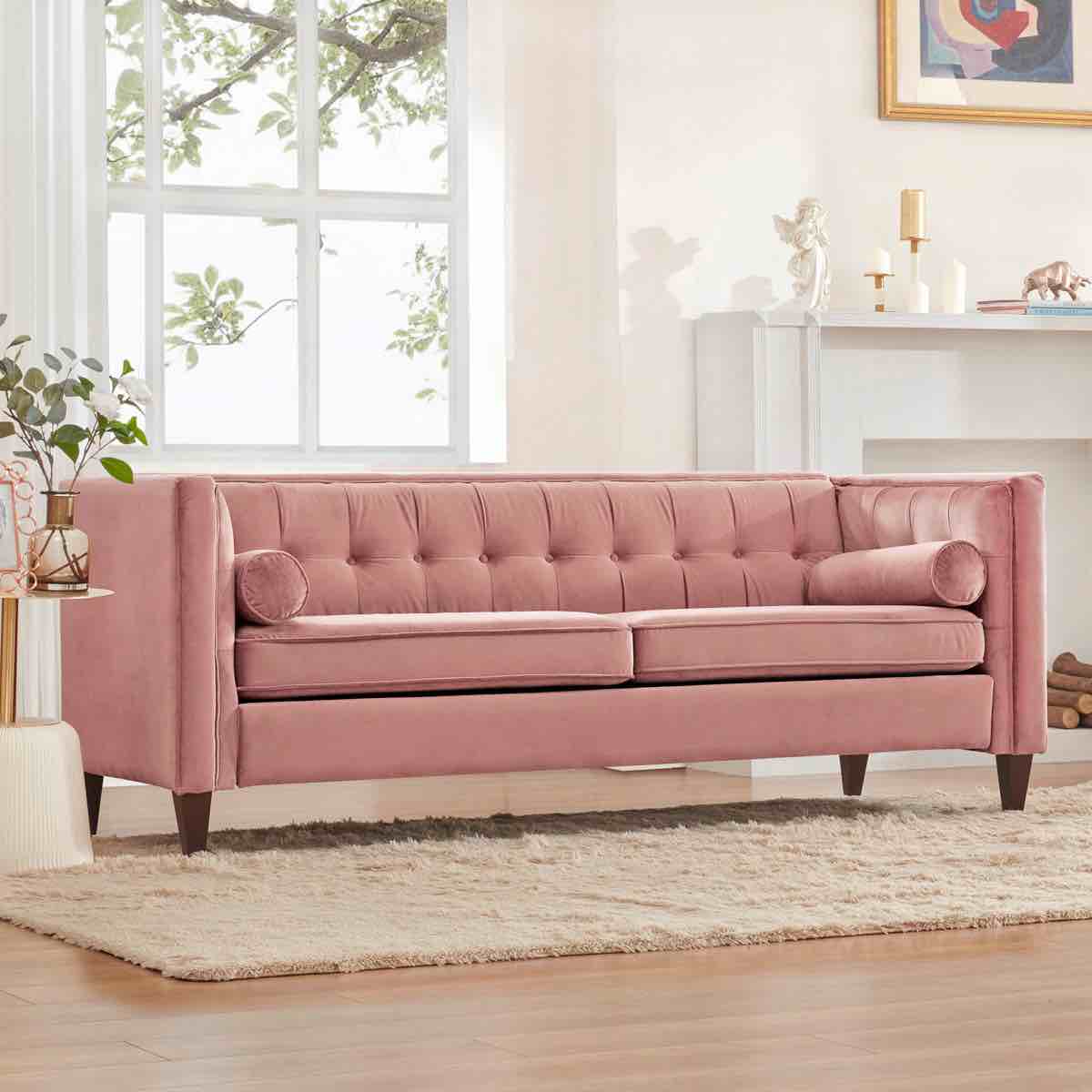 Condition photo showing New/Like New for chelsea 77'' w mid century upholstery tufted sofa 30'' h x 77'' w x 32'' d
