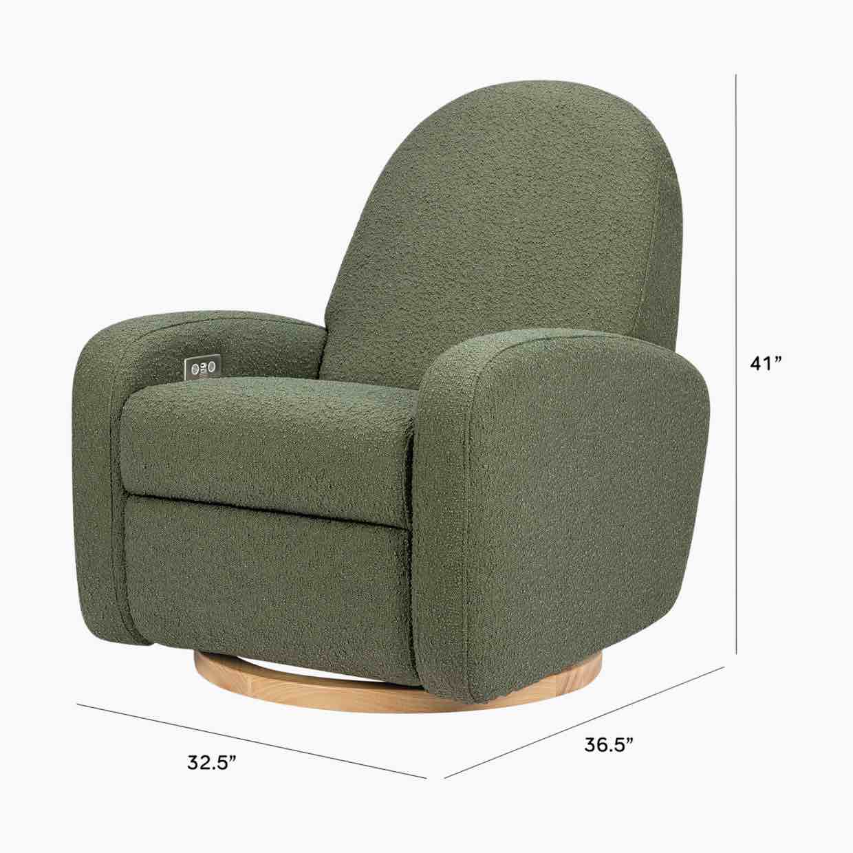 Condition photo showing Good Condition for nami electronic recliner and swivel glider- olive boucle (base is cracked in 4 places, can be glued, does not affect stability) 35.5”l x 32.5”w x 41.5”h